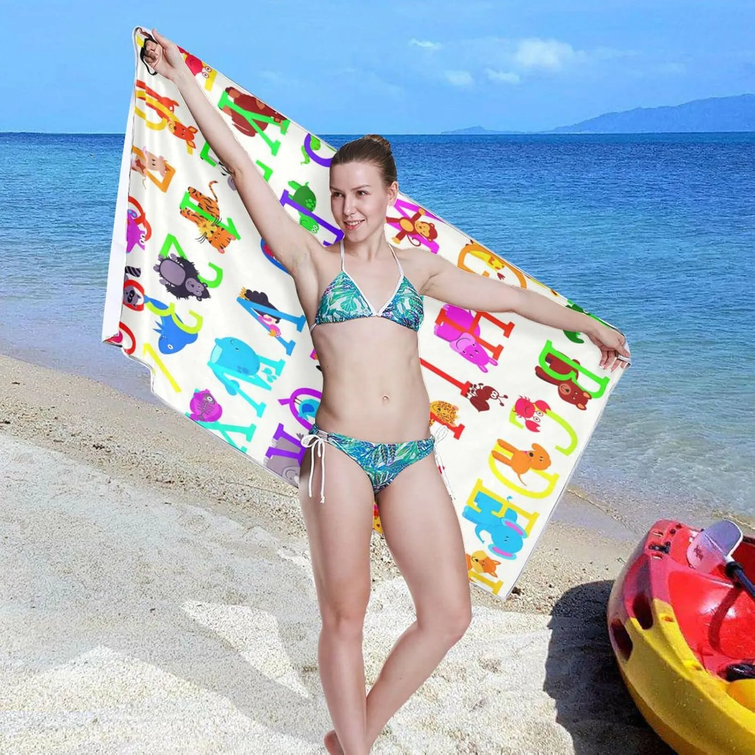 Oyihfvs Animal Alphabets Quick Drying Beach Towel, Foldable Yoga Towel, Soft Sport Towel, Sweat Absorbent Towel with Storage Mesh Bag 30 x 60 inch (S)