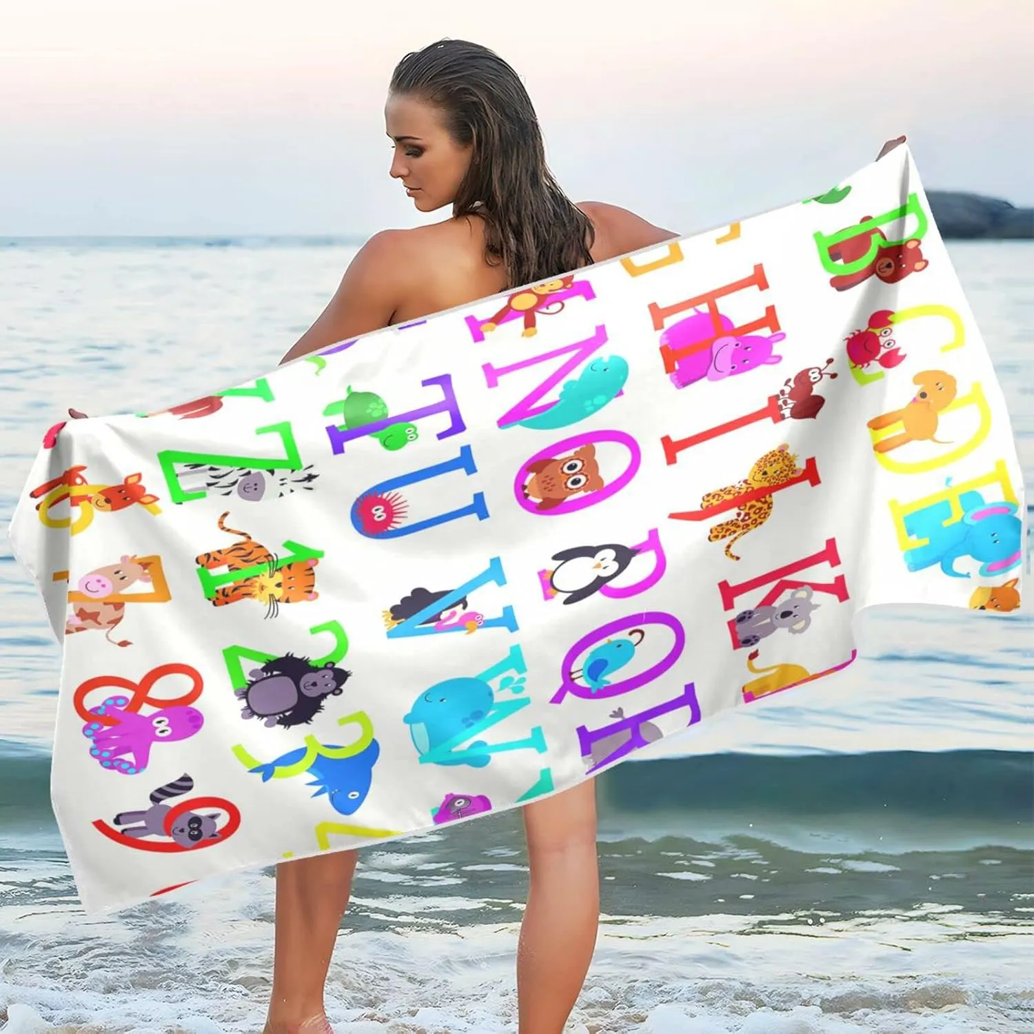 Oyihfvs Animal Alphabets Quick Drying Beach Towel, Foldable Yoga Towel, Soft Sport Towel, Sweat Absorbent Towel with Storage Mesh Bag 30 x 60 inch (S)