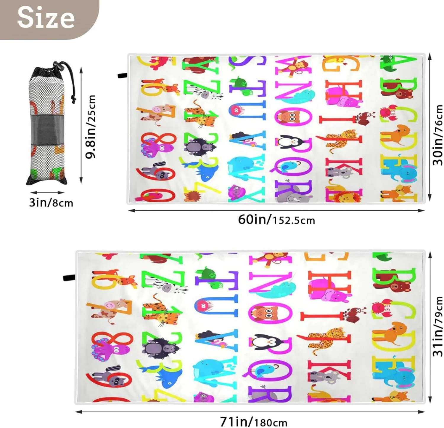 Oyihfvs Animal Alphabets Quick Drying Beach Towel, Foldable Yoga Towel, Soft Sport Towel, Sweat Absorbent Towel with Storage Mesh Bag 30 x 60 inch (S)