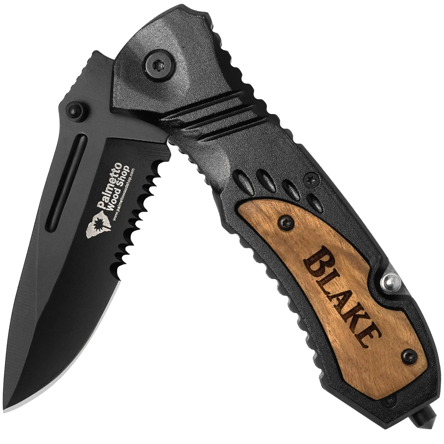 Palmetto Wood Shop Pocket Knife - Laser Engraved Gifts for Men, Custom Knife for Hunting, Camping, Everyday Carry - 3.25-inch Stainless Steel Blade, 4.5-inch Black/Wood Handle