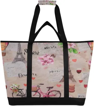 Paris Tower Flowers Bicycle Reusable Insulated Lunchbox Cooler Bag, Leakproof Kitchen Grocery Bag Collapsible Portable Cooler Tote Bag for Picnic, Camping, Office, Travel