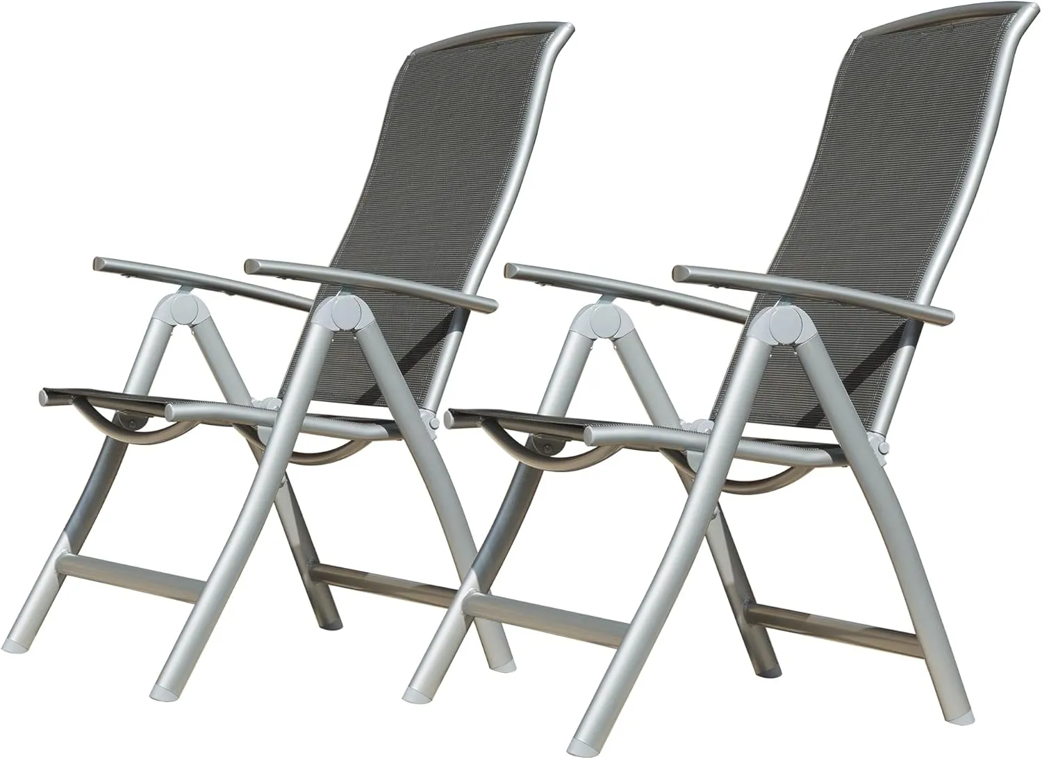 Patio Folding Chairs Set of 2, Adjustable Reclining Outdoor Chairs with Textilene Fabric, Aluminum Frame for Camping, Pool, Beach, Deck – Dark Gray