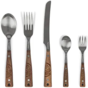 Petromax 5-Piece Camping Cutlery Set, Durable Stainless Steel Silverware with Walnut Wooden Handles, Portable Reusable Flatware for Travel and Backpacking