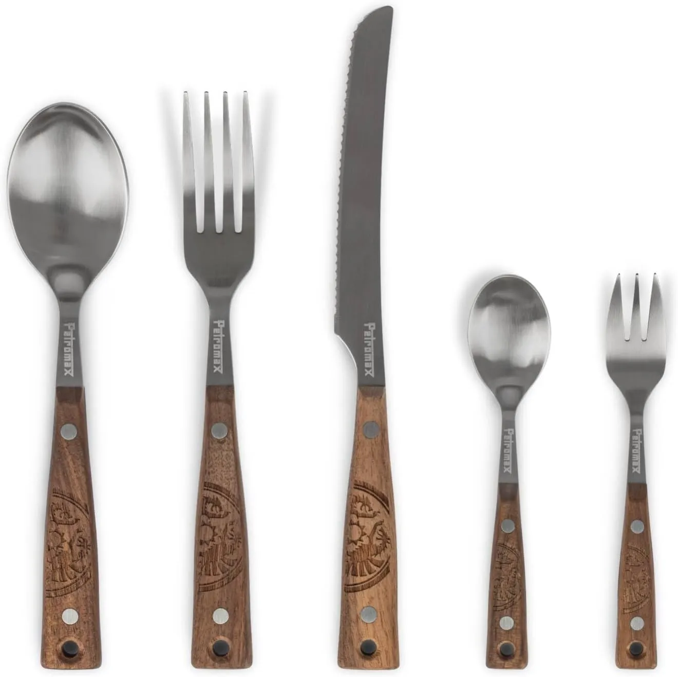 Petromax 5-Piece Camping Cutlery Set, Durable Stainless Steel Silverware with Walnut Wooden Handles, Portable Reusable Flatware for Travel and Backpacking