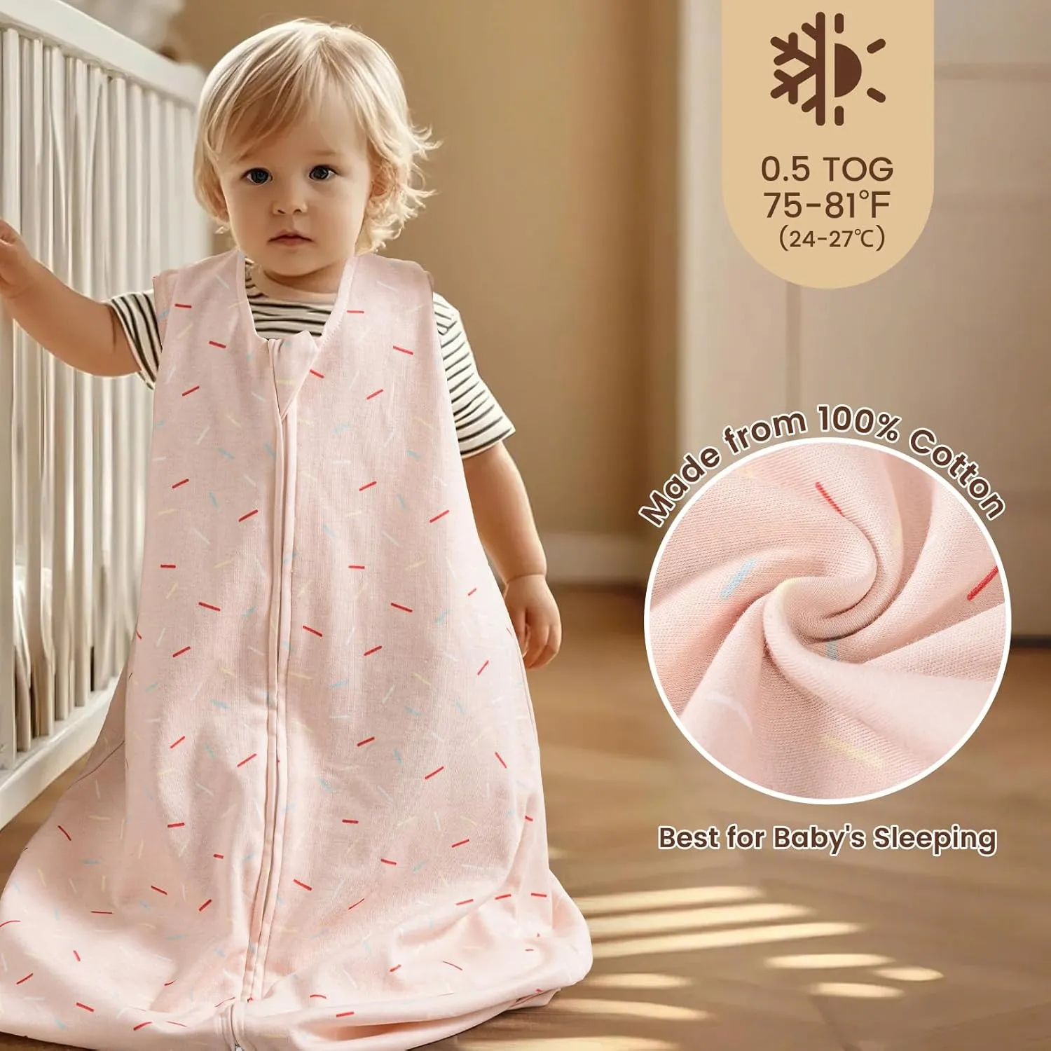 PHF Soft Baby Sleep Sack 18-24 Months 100% Cotton Wearable Blanket, 2-Way Zipper 0.5 TOG Toddler Sleeping Sack 3 Pack, Comfy Sleep Bag for Baby Boys Girls, Ice Cream (X-Large)