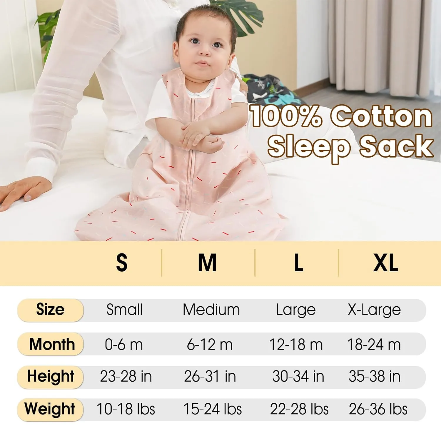 PHF Soft Baby Sleep Sack 18-24 Months 100% Cotton Wearable Blanket, 2-Way Zipper 0.5 TOG Toddler Sleeping Sack 3 Pack, Comfy Sleep Bag for Baby Boys Girls, Ice Cream (X-Large)