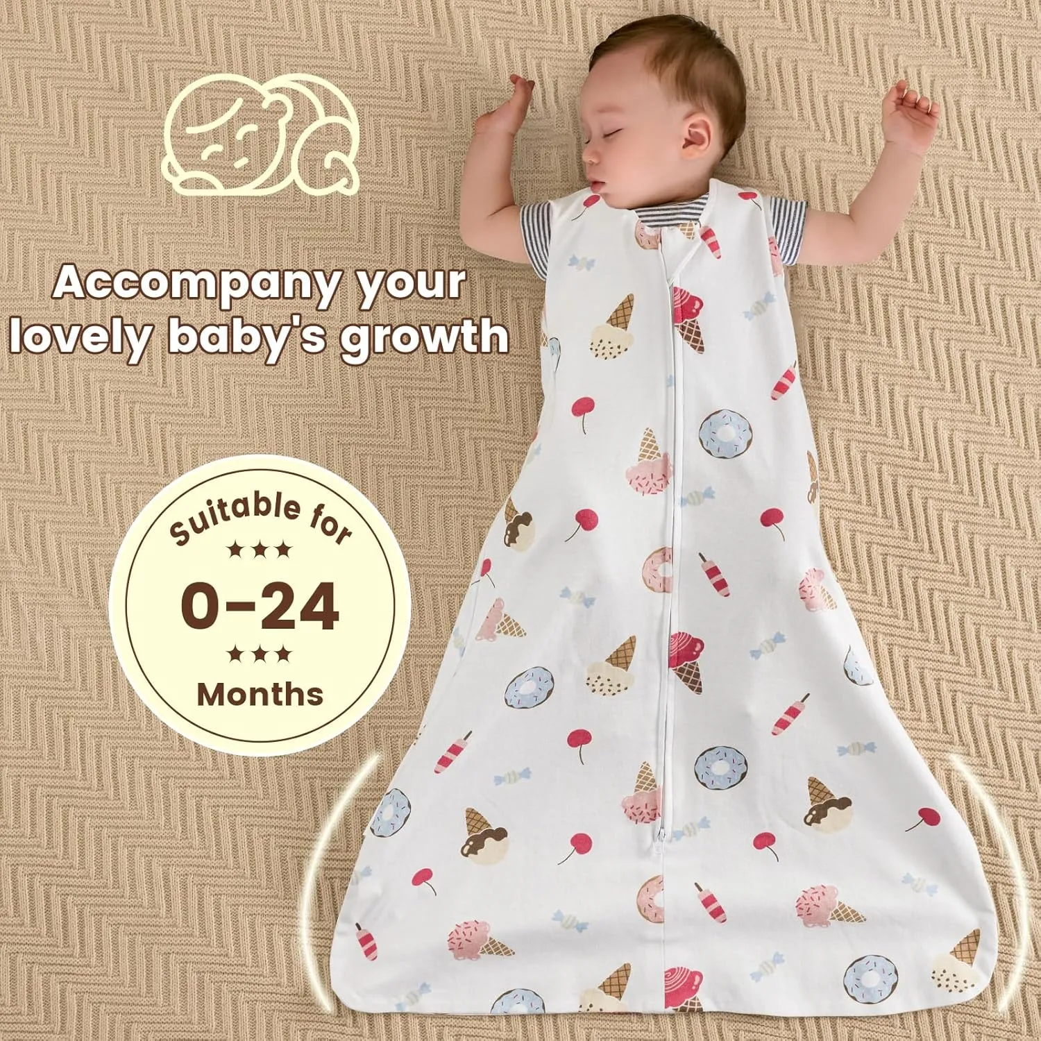 PHF Soft Baby Sleep Sack 18-24 Months 100% Cotton Wearable Blanket, 2-Way Zipper 0.5 TOG Toddler Sleeping Sack 3 Pack, Comfy Sleep Bag for Baby Boys Girls, Ice Cream (X-Large)