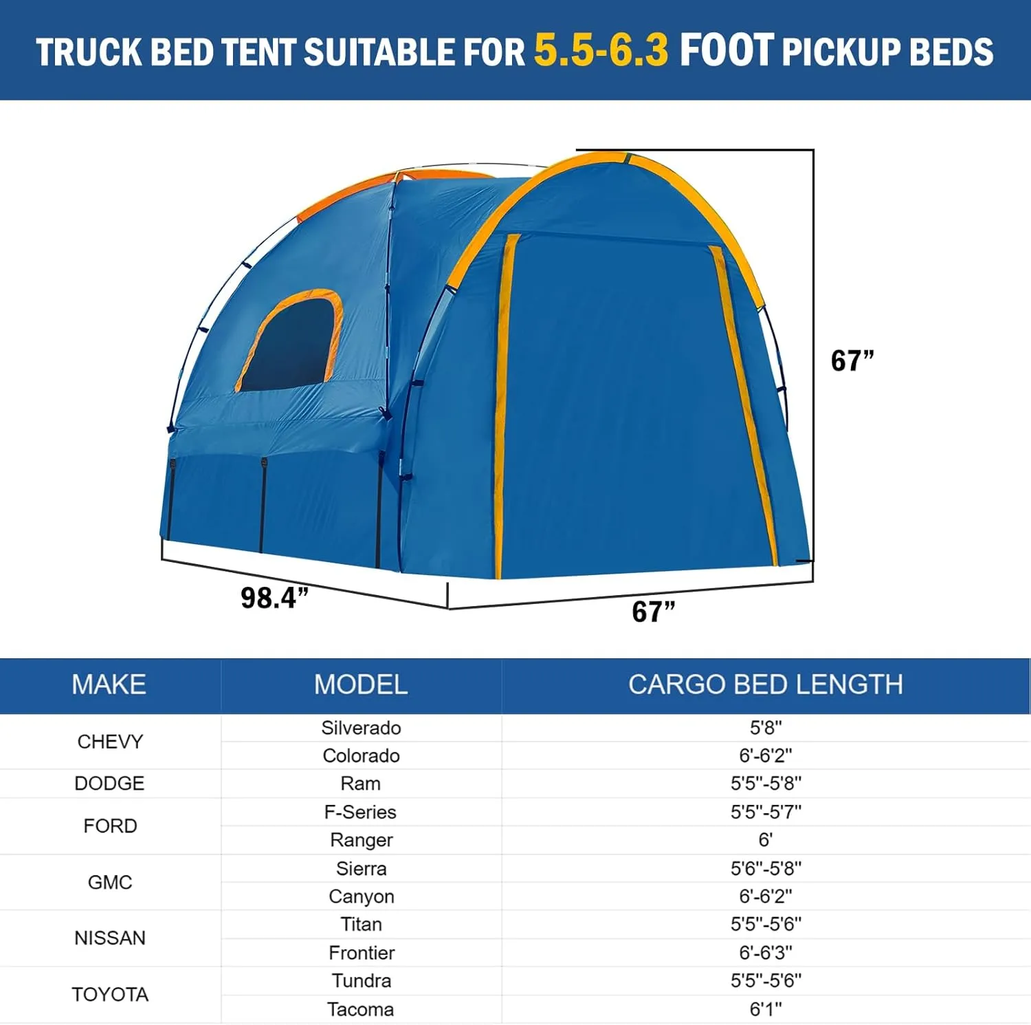 Pickup Truck Tent with Awning Shade,Waterproof PU5000mm Oxford for 5.5-6.3 FT Truck Bed for Camping Travel Outdoor Activities for Chevy Silverado 1500,Ram 1500/Dakota,F150,GMC 1500,Titan,Tundra (blue)