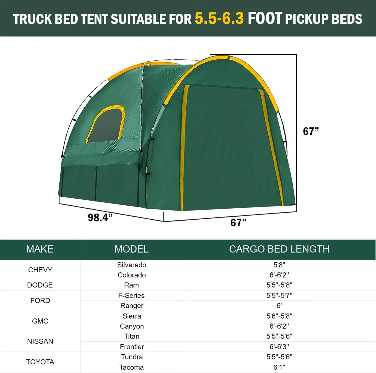 Pickup Truck Tent with Awning Shade,Waterproof PU5000mm Oxford for 5.5-6.3 FT Truck Bed for Camping Travel Outdoor Activities for Chevy Silverado 1500,Ram 1500/Dakota,F150,GMC 1500,Titan,Tundra(Green)