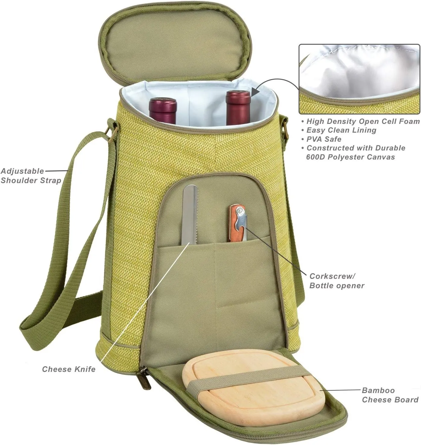 Picnic at Ascot Stylish 2 Bottle Insulated Wine Tote Bag with Cheese Board, Knife and Corkscrew - Olive Tweed