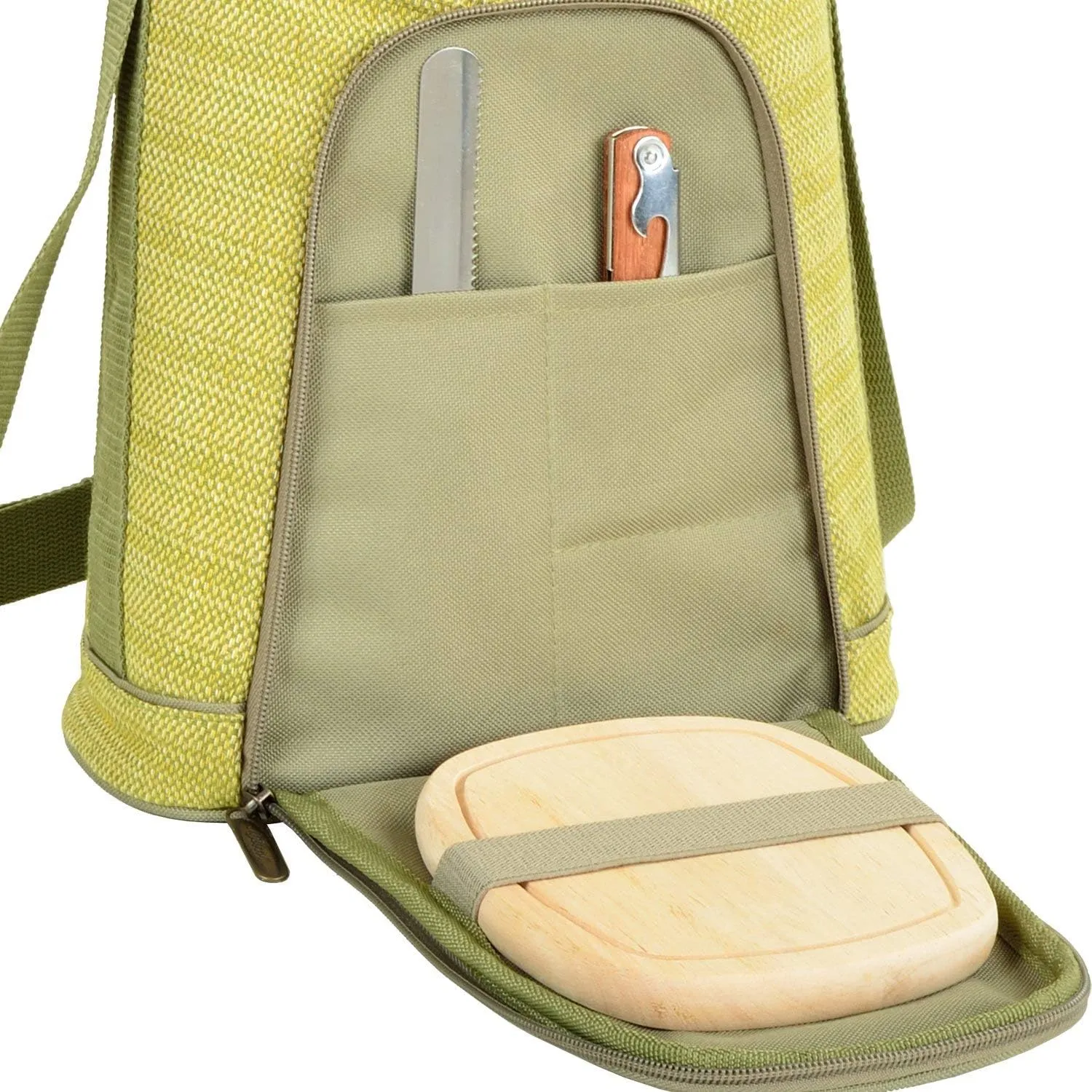 Picnic at Ascot Stylish 2 Bottle Insulated Wine Tote Bag with Cheese Board, Knife and Corkscrew - Olive Tweed
