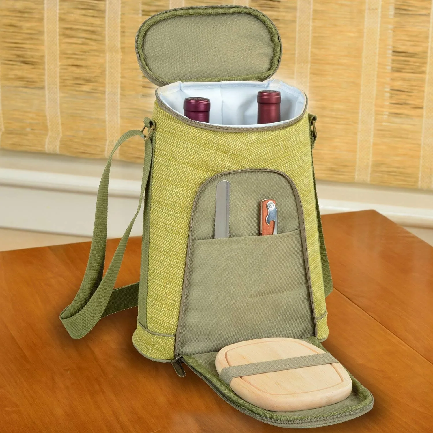 Picnic at Ascot Stylish 2 Bottle Insulated Wine Tote Bag with Cheese Board, Knife and Corkscrew - Olive Tweed