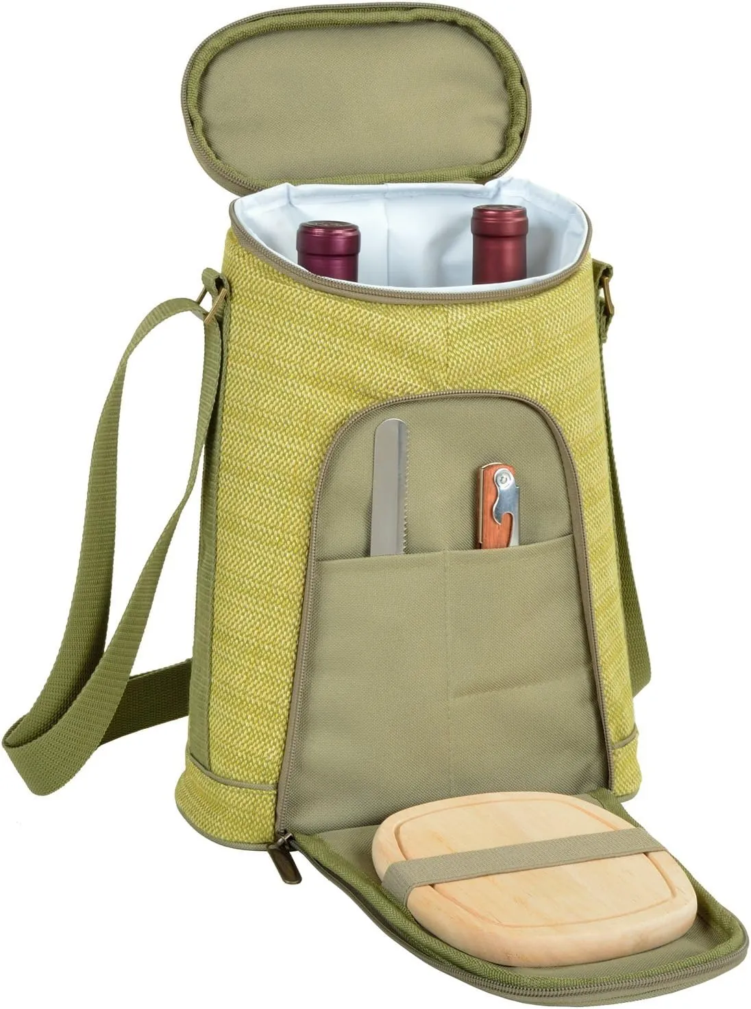 Picnic at Ascot Stylish 2 Bottle Insulated Wine Tote Bag with Cheese Board, Knife and Corkscrew - Olive Tweed