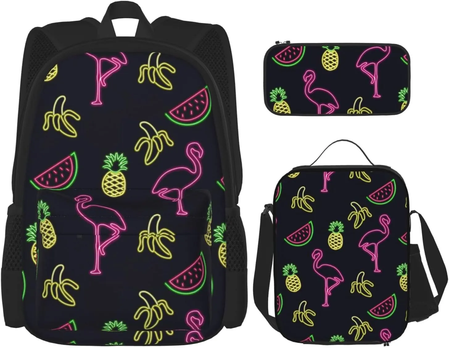 Pineapple Banana Flamingo Print Versatile Adjustable Shoulder Fashion Backpack Lunch Bag Pencil Case Large Capacity