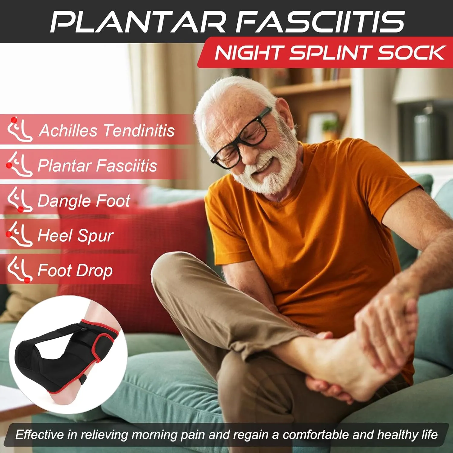 Plantar Fasciitis Night Splint Sock: Soft Plantar Fasciitis Brace with Arch Support for Sleeping Achilles Tendonitis Foot Drop Heel Pain - Plantar Fasciitis Relief for Women and Men Black-Red (Small)