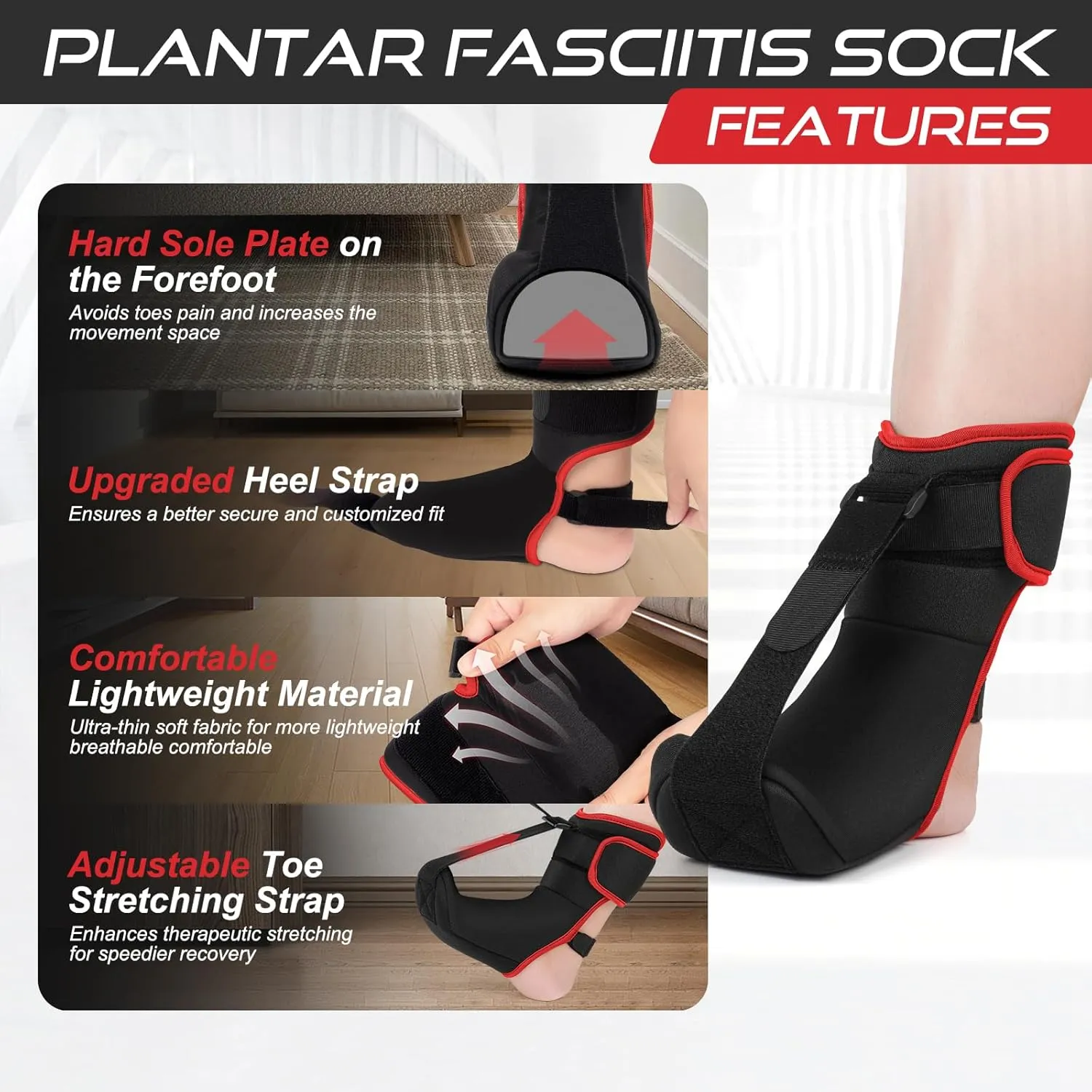 Plantar Fasciitis Night Splint Sock: Soft Plantar Fasciitis Brace with Arch Support for Sleeping Achilles Tendonitis Foot Drop Heel Pain - Plantar Fasciitis Relief for Women and Men Black-Red (Small)