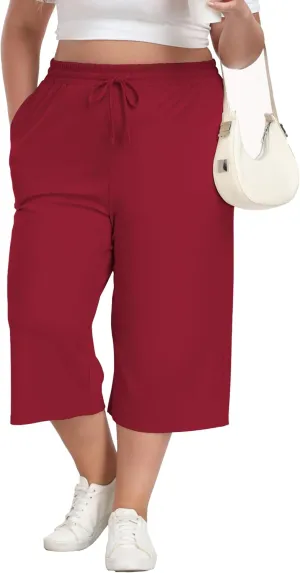 Plus Size Capris for Women Summer Wide Leg Casual Pants Loose Fit Cropped Workout Pants with Pockets Drawstring