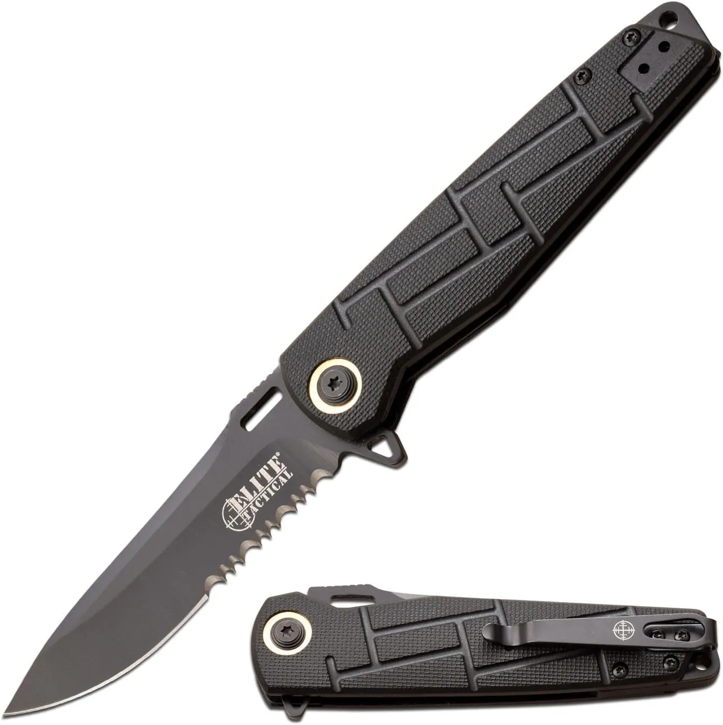 Pocket Folding Knife - READINESS - Partially Serrated Drop Point Blade with Black Nylon Fiber Handle, Reversible Pocket Clip, EDC, ET-A001BKS