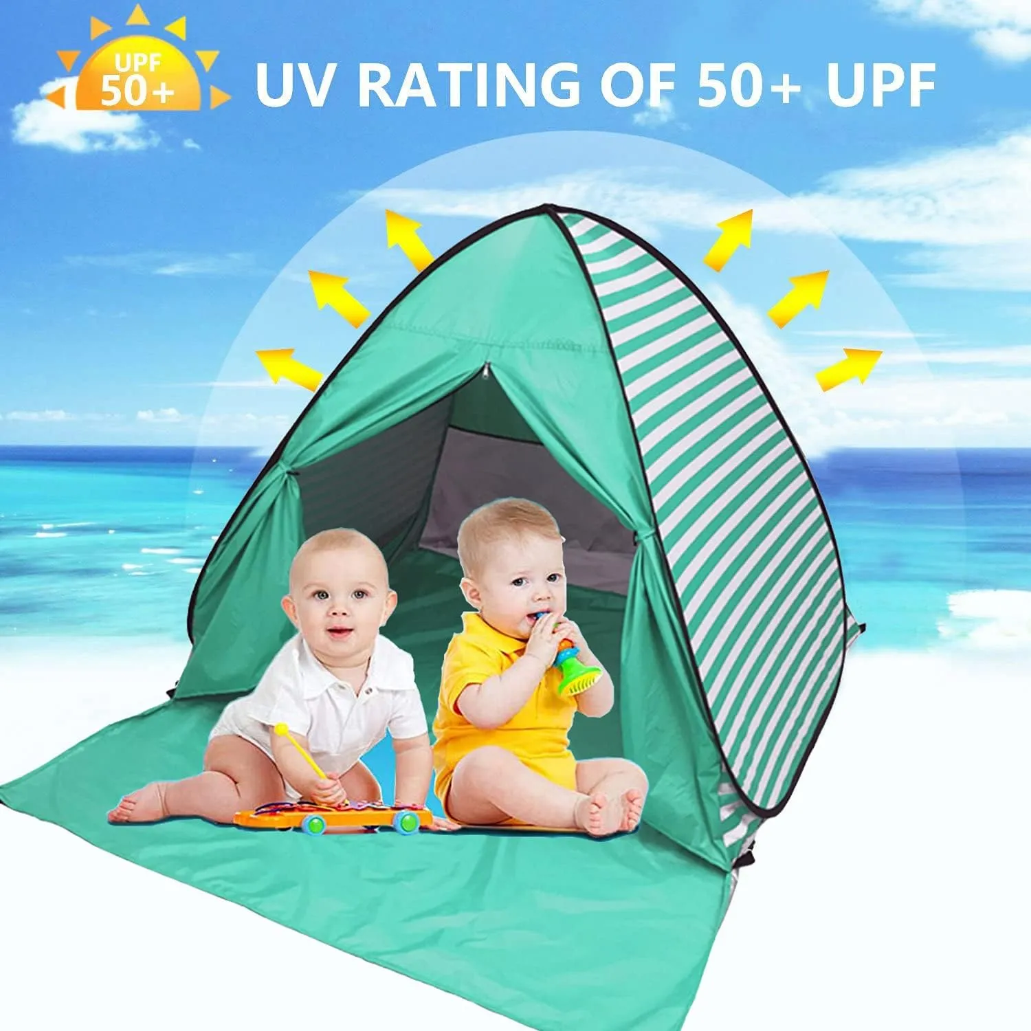 Pop Up Beach Tent Shade Sun Shelter UPF 50  Canopy Cabana 2-3 Person for Adults Baby Kids Outdoor Activities Camping Fishing Hiking Picnic Touring (Lake Green Stripes)