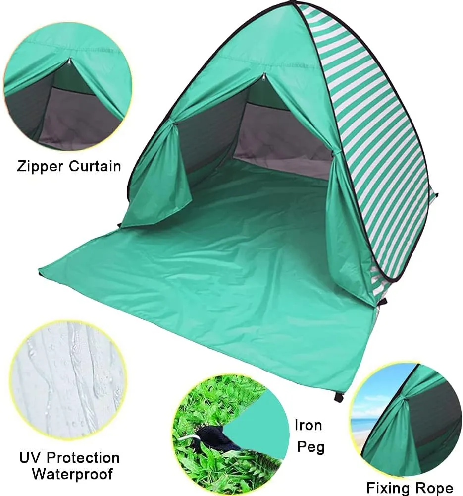 Pop Up Beach Tent Shade Sun Shelter UPF 50  Canopy Cabana 2-3 Person for Adults Baby Kids Outdoor Activities Camping Fishing Hiking Picnic Touring (Lake Green Stripes)