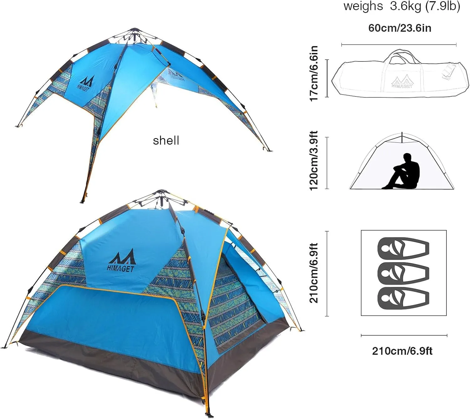 Pop Up Tent 3-4 Person for Family Camping, Automatic Quick Setup Tent with Double Layer, Waterproof & Windproof Portable for Car Camping, Beach, Outdoor Hiking
