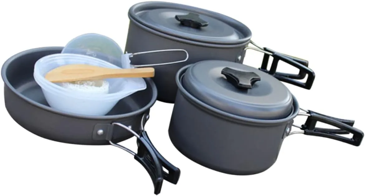POPETPOP 1Set Portable Folding Camping Cookware Kit for People Lightweight Outdoor Cooking with Pots and Frying Pan for Hiking Backpacking and Picnics
