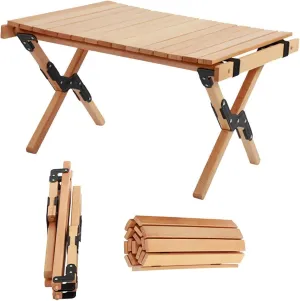 Portable Camping Table, Folding Roll Up Picnic Wood Table, Outdoor Indoor Egg Roll Table, for Picnic/Camping/Travel/Beach/Patio/Garden BBQ/Party/Fishing-90x60x45cm