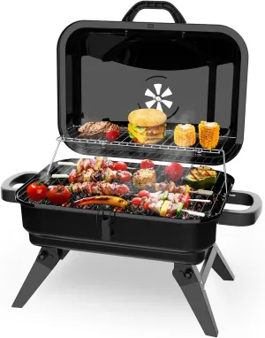 Portable Charcoal Grill, Dual Cooking Zone Small Tabletop Barbecue Grill, Foldable Legs, Adjustable Vent, Total 343 Sq. In.Cooking Space, Outdoor BBQ Grill for Camping and Picnics (Black)