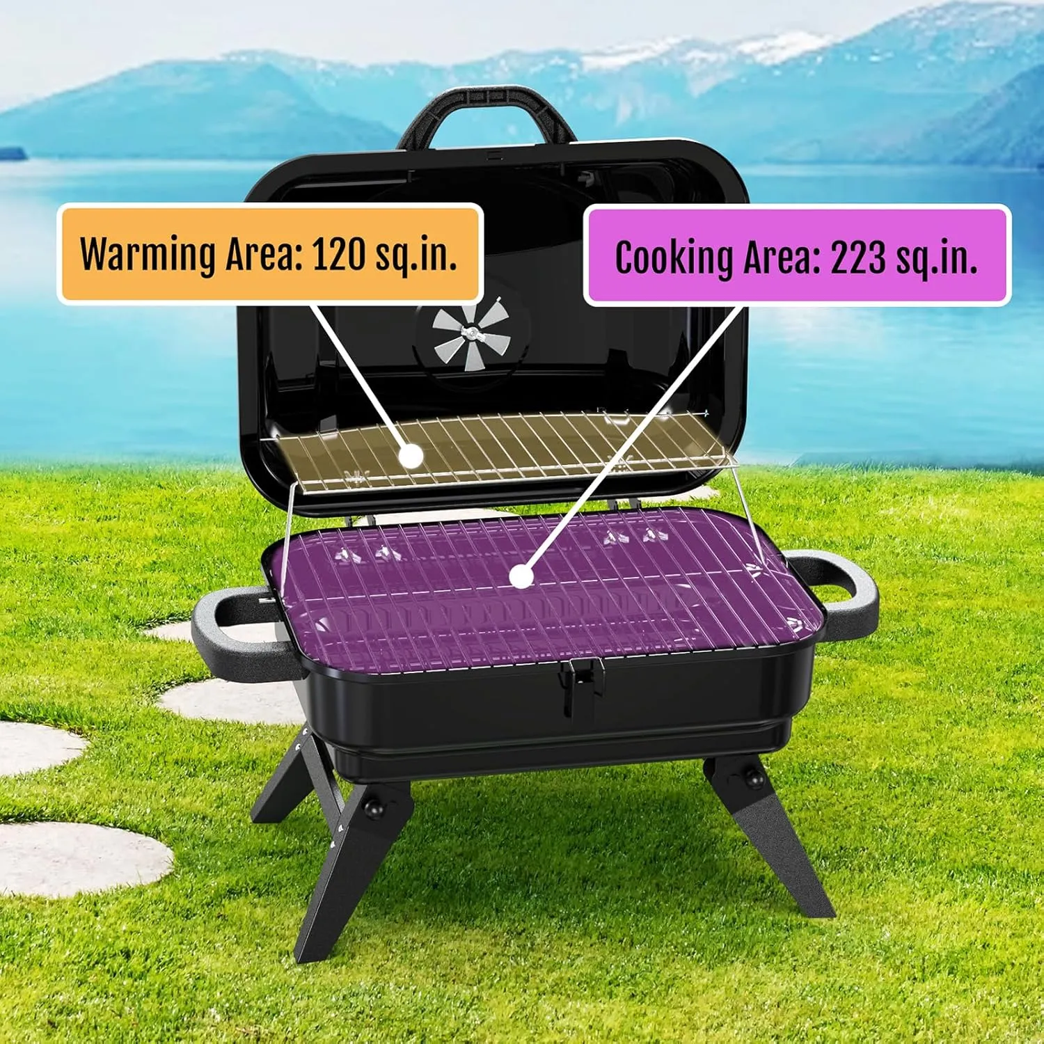 Portable Charcoal Grill, Dual Cooking Zone Small Tabletop Barbecue Grill, Foldable Legs, Adjustable Vent, Total 343 Sq. In.Cooking Space, Outdoor BBQ Grill for Camping and Picnics (Black)