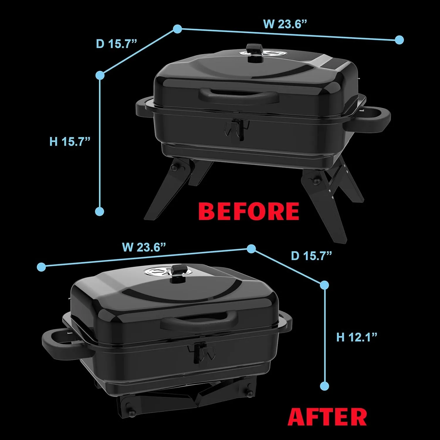 Portable Charcoal Grill, Dual Cooking Zone Small Tabletop Barbecue Grill, Foldable Legs, Adjustable Vent, Total 343 Sq. In.Cooking Space, Outdoor BBQ Grill for Camping and Picnics (Black)