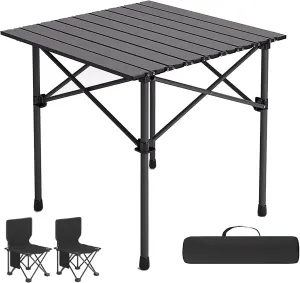 Portable Folding Camping Tables and Chair, Carbon Steel Beach Table with Carry Bag, Camping Essentials for Outdoor Picnic, Camp, Travel (Color : Black 2 Chairs, Size : 37.4x22.4x19.6in)