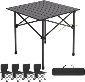 Portable Folding Camping Tables and Chair, Carbon Steel Beach Table with Carry Bag, Camping Essentials for Outdoor Picnic, Camp, Travel (Color : Black 4 Chairs, Size : 20.8x20x19.6in)