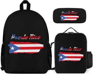 PR State Flag Map Backpack with Lunch Box Pencil Case 3pcs for Work and Leisure Day Trips