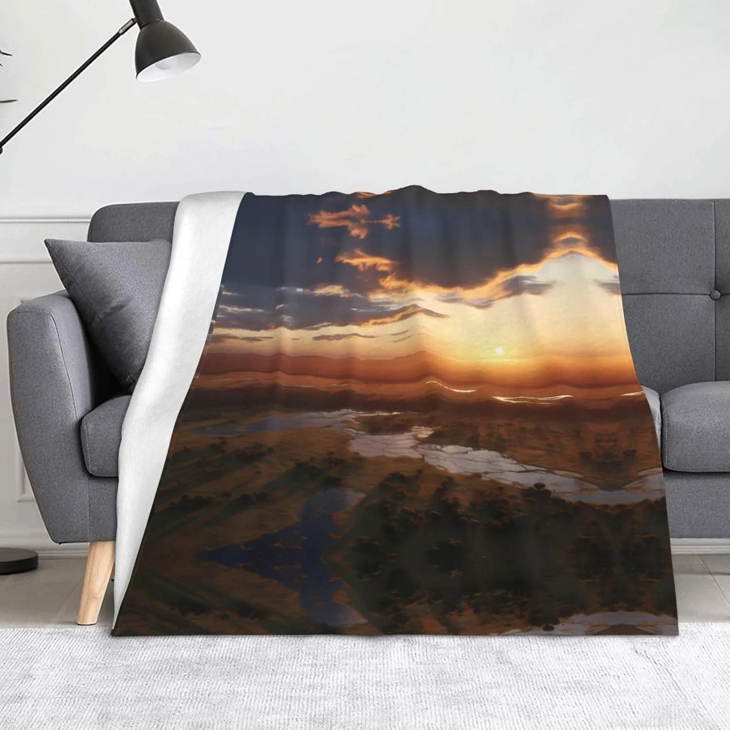 Prairie Sunset Picture Blanket Throws 60x50in - Lightweight Warm Comfortable Soft for Sofas, Camping Trips