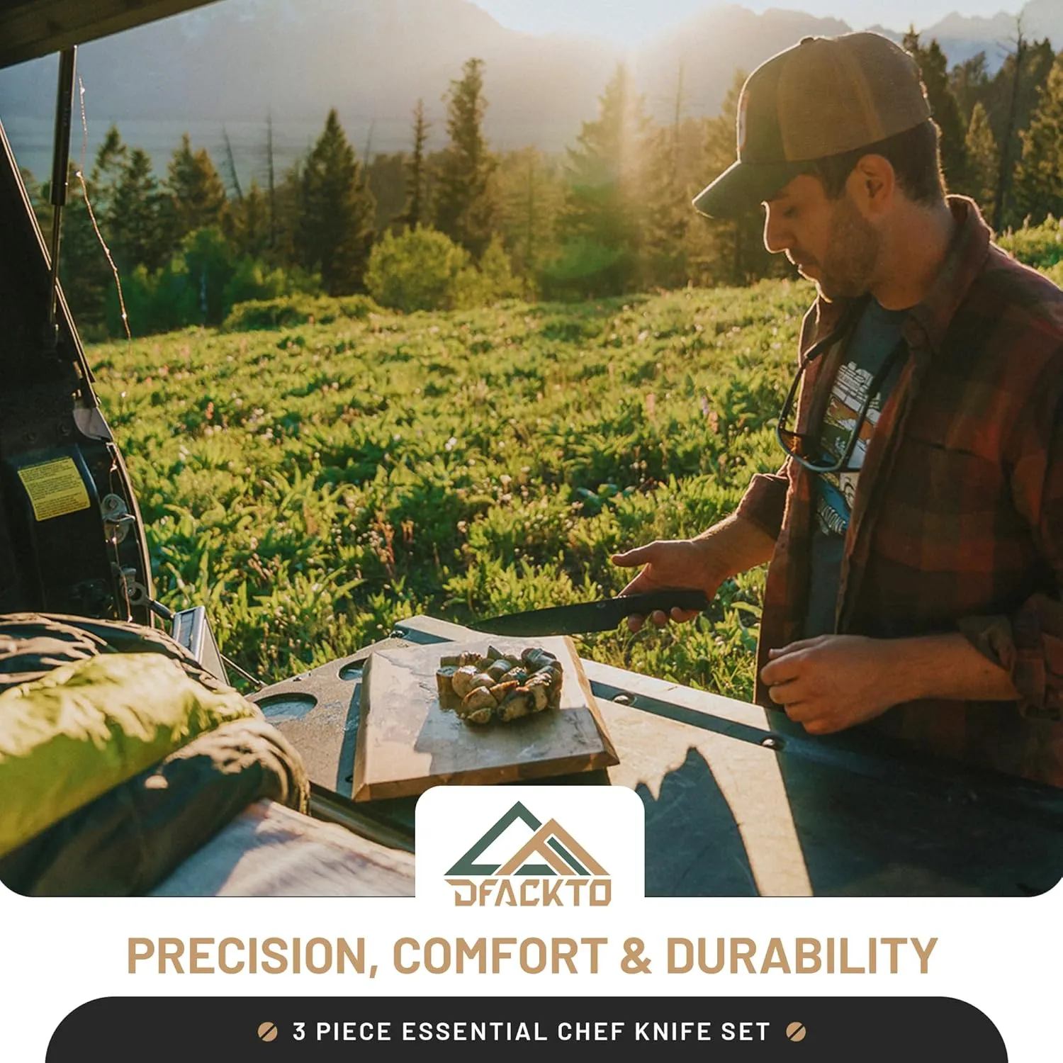 Premium Rugged 3-Piece Kitchen and Camping Knife Set, High Carbon Stainless Steel, G10 Handles, Full Tang - BBQ, Tactical, Outdoor Cooking - Includes 8" Chef, 6" Utility, 3.5" Paring - Black