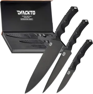 Premium Rugged 3-Piece Kitchen and Camping Knife Set, High Carbon Stainless Steel, G10 Handles, Full Tang - BBQ, Tactical, Outdoor Cooking - Includes 8" Chef, 6" Utility, 3.5" Paring - Black