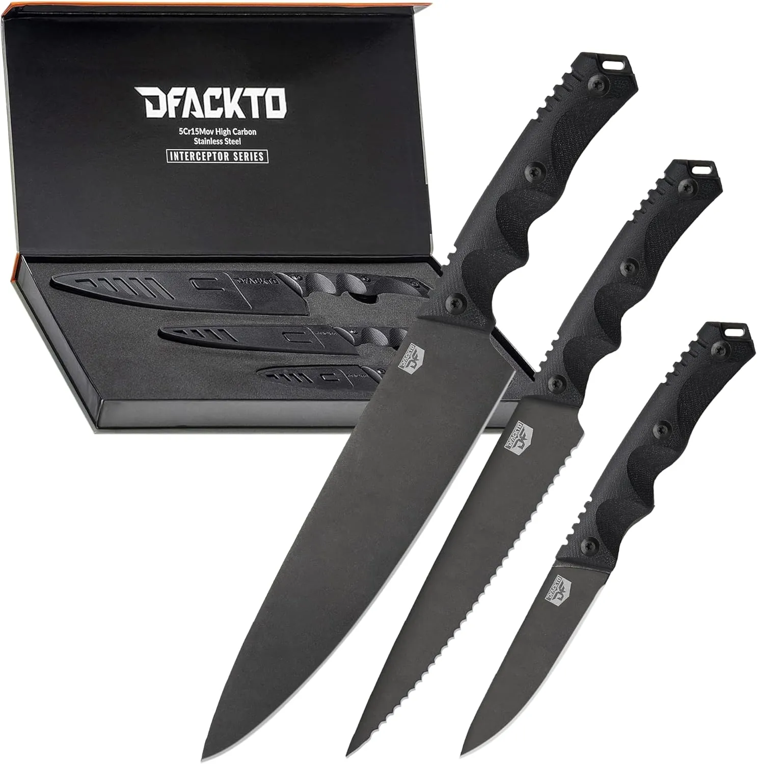 Premium Rugged 3-Piece Kitchen and Camping Knife Set, High Carbon Stainless Steel, G10 Handles, Full Tang - BBQ, Tactical, Outdoor Cooking - Includes 8" Chef, 6" Utility, 3.5" Paring - Black