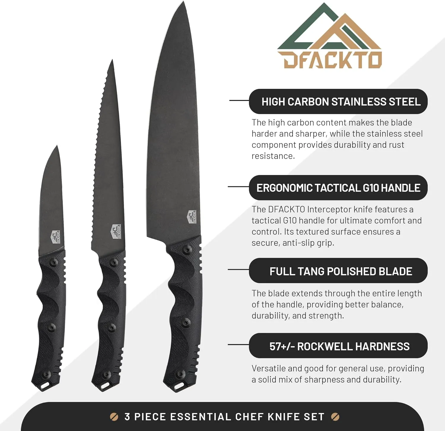 Premium Rugged 3-Piece Kitchen and Camping Knife Set, High Carbon Stainless Steel, G10 Handles, Full Tang - BBQ, Tactical, Outdoor Cooking - Includes 8" Chef, 6" Utility, 3.5" Paring - Black