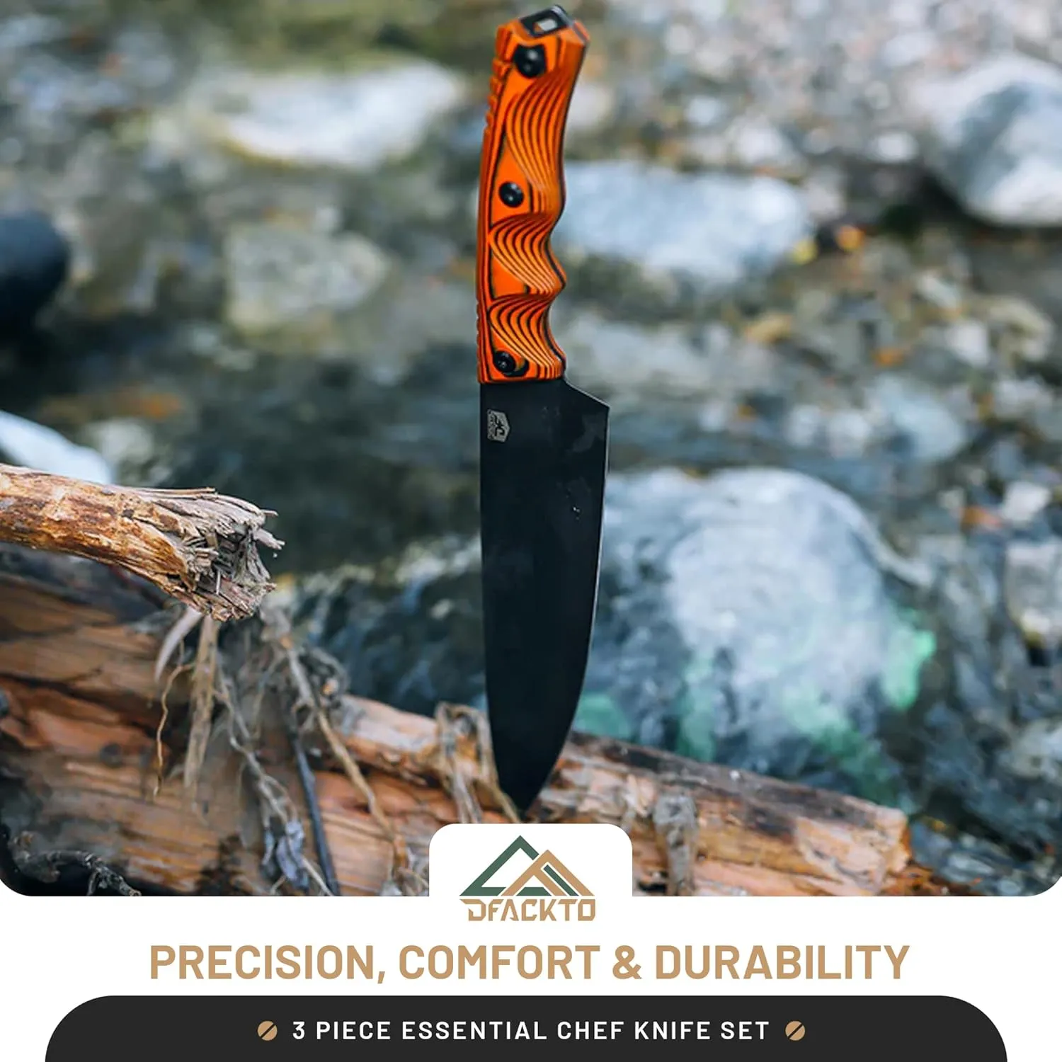Premium Rugged 3-Piece Kitchen and Camping Knife Set, High Carbon Stainless Steel, G10 Handles, Full Tang - BBQ, Tactical, Outdoor Cooking - Includes 8" Chef, 6" Utility, 3.5" Paring - Orange