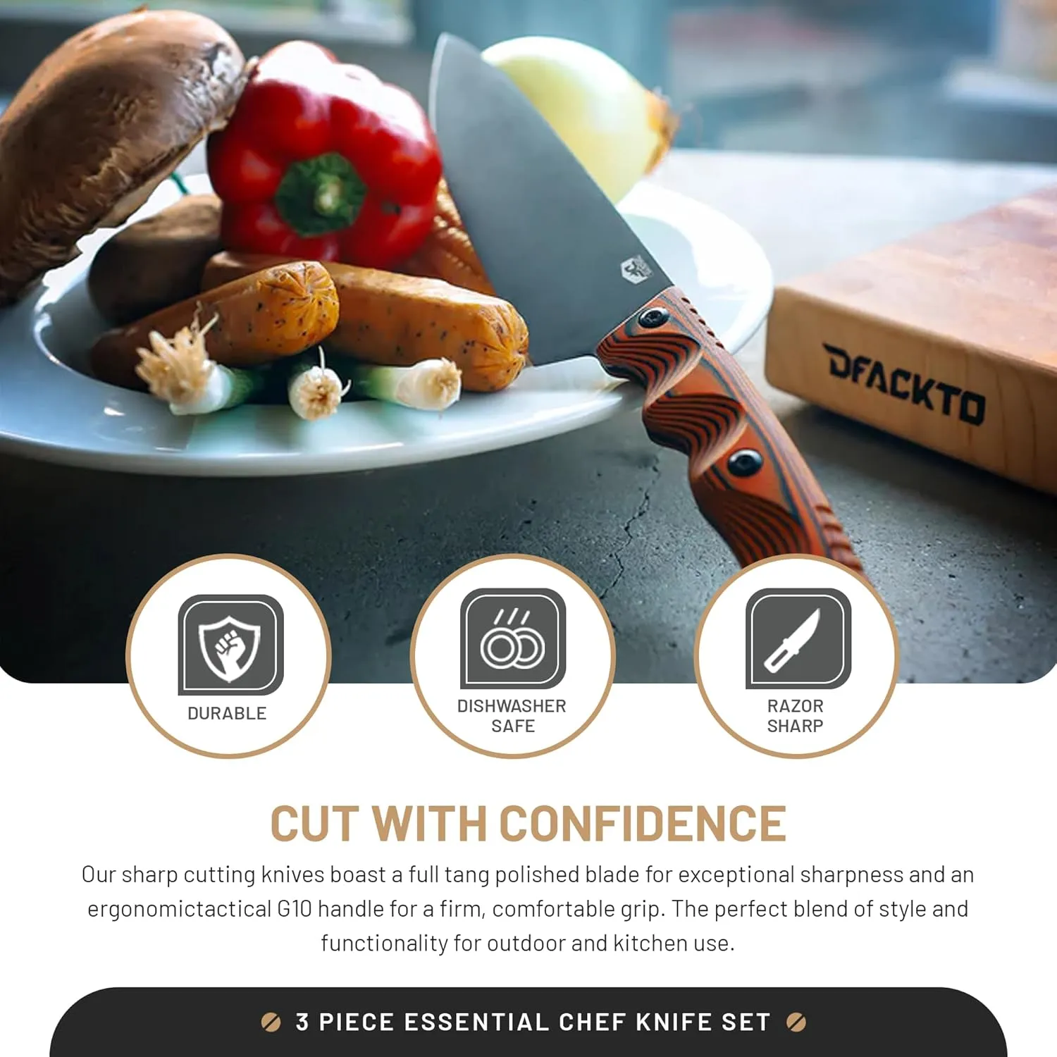 Premium Rugged 3-Piece Kitchen and Camping Knife Set, High Carbon Stainless Steel, G10 Handles, Full Tang - BBQ, Tactical, Outdoor Cooking - Includes 8" Chef, 6" Utility, 3.5" Paring - Orange