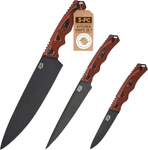Premium Rugged 3-Piece Kitchen and Camping Knife Set, High Carbon Stainless Steel, G10 Handles, Full Tang - BBQ, Tactical, Outdoor Cooking - Includes 8" Chef, 6" Utility, 3.5" Paring - Orange