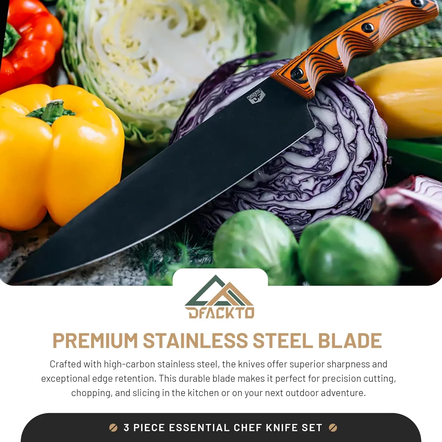 Premium Rugged 3-Piece Kitchen and Camping Knife Set, High Carbon Stainless Steel, G10 Handles, Full Tang - BBQ, Tactical, Outdoor Cooking - Includes 8" Chef, 6" Utility, 3.5" Paring - Orange