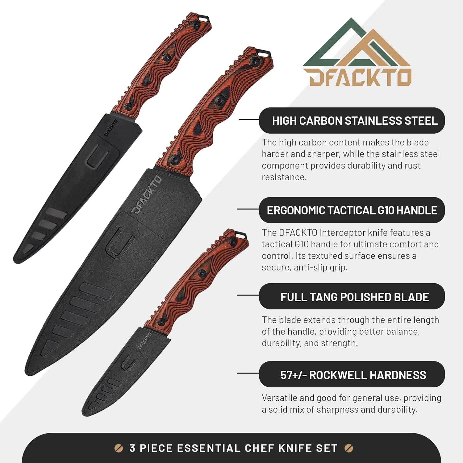 Premium Rugged 3-Piece Kitchen and Camping Knife Set, High Carbon Stainless Steel, G10 Handles, Full Tang - BBQ, Tactical, Outdoor Cooking - Includes 8" Chef, 6" Utility, 3.5" Paring - Orange