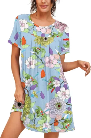 PrinStory Womens Sleepwear Short Sleeve Nightgown Soft Sleepshirt Pleated Nightshirt Scoopneck Casual Loungewear