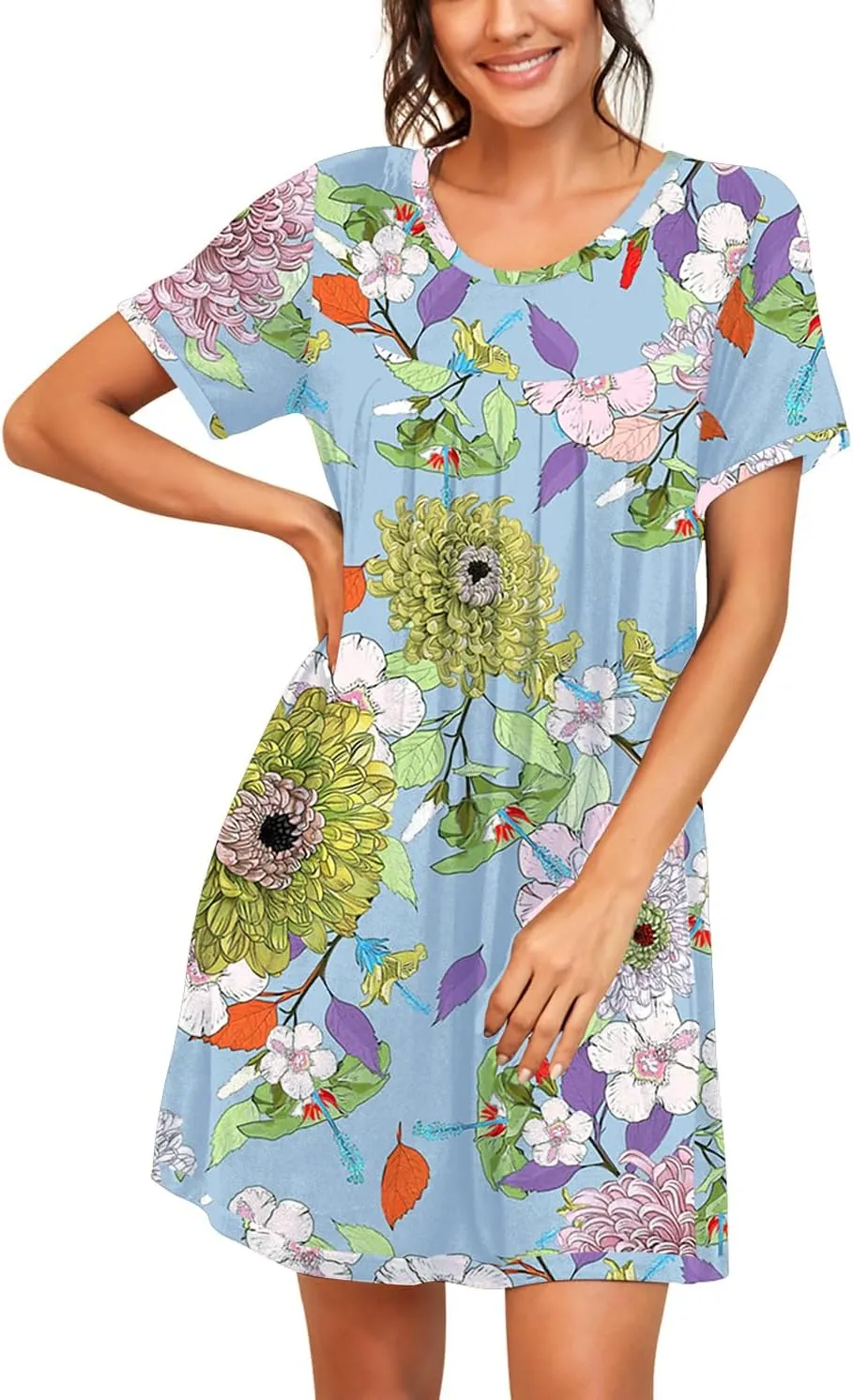 PrinStory Womens Sleepwear Short Sleeve Nightgown Soft Sleepshirt Pleated Nightshirt Scoopneck Casual Loungewear