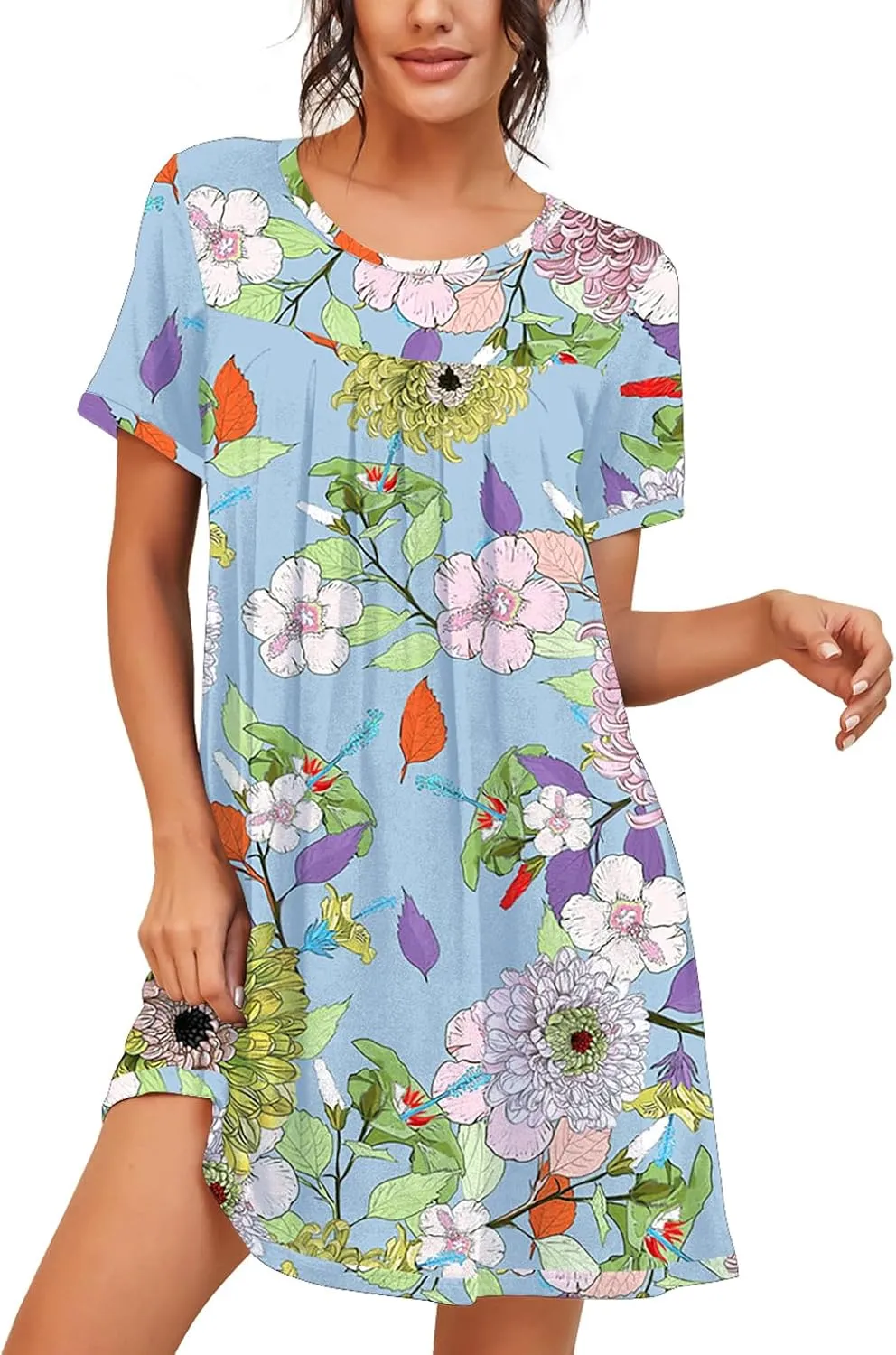 PrinStory Womens Sleepwear Short Sleeve Nightgown Soft Sleepshirt Pleated Nightshirt Scoopneck Casual Loungewear