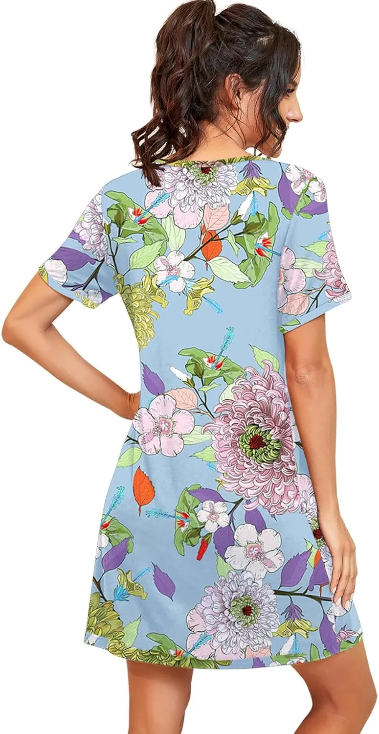 PrinStory Womens Sleepwear Short Sleeve Nightgown Soft Sleepshirt Pleated Nightshirt Scoopneck Casual Loungewear