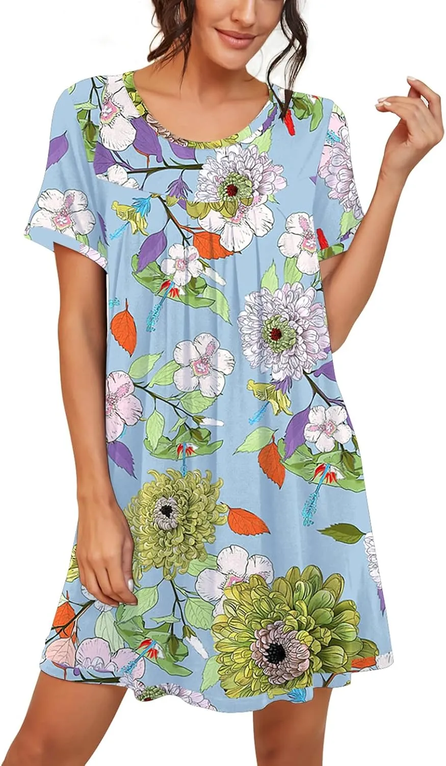 PrinStory Womens Sleepwear Short Sleeve Nightgown Soft Sleepshirt Pleated Nightshirt Scoopneck Casual Loungewear