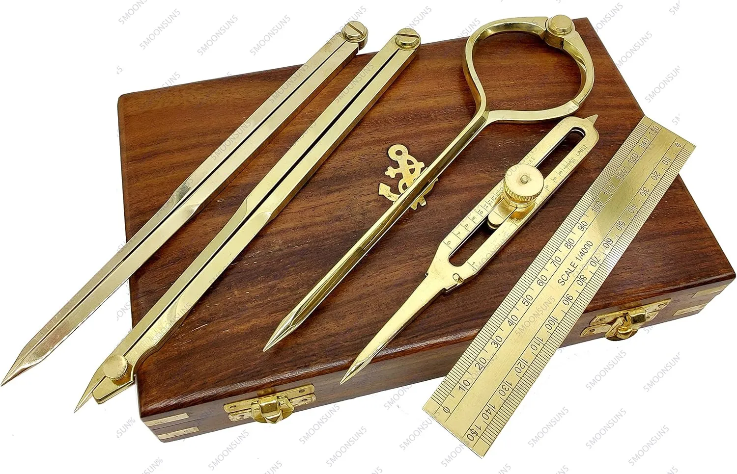 Proportional Divider Set of 5, Full Brass dividers with Executive Wooden Box, Single Handed 8" Brass Navigational Dividers Compass Set for Maritime, Naval, Geometry and Drafting