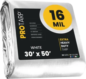 PROTARP Extra Heavy Duty 16 Mil Tarp Cover, Waterproof, UV Resistant, Rip and Tear Proof, Poly Tarpaulin with Reinforced Edges for Roof, Camping, Patio, Pool, Boat. (White 30′ X 50′)